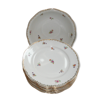 8 plates and a dish in porcelain decorated small flowers