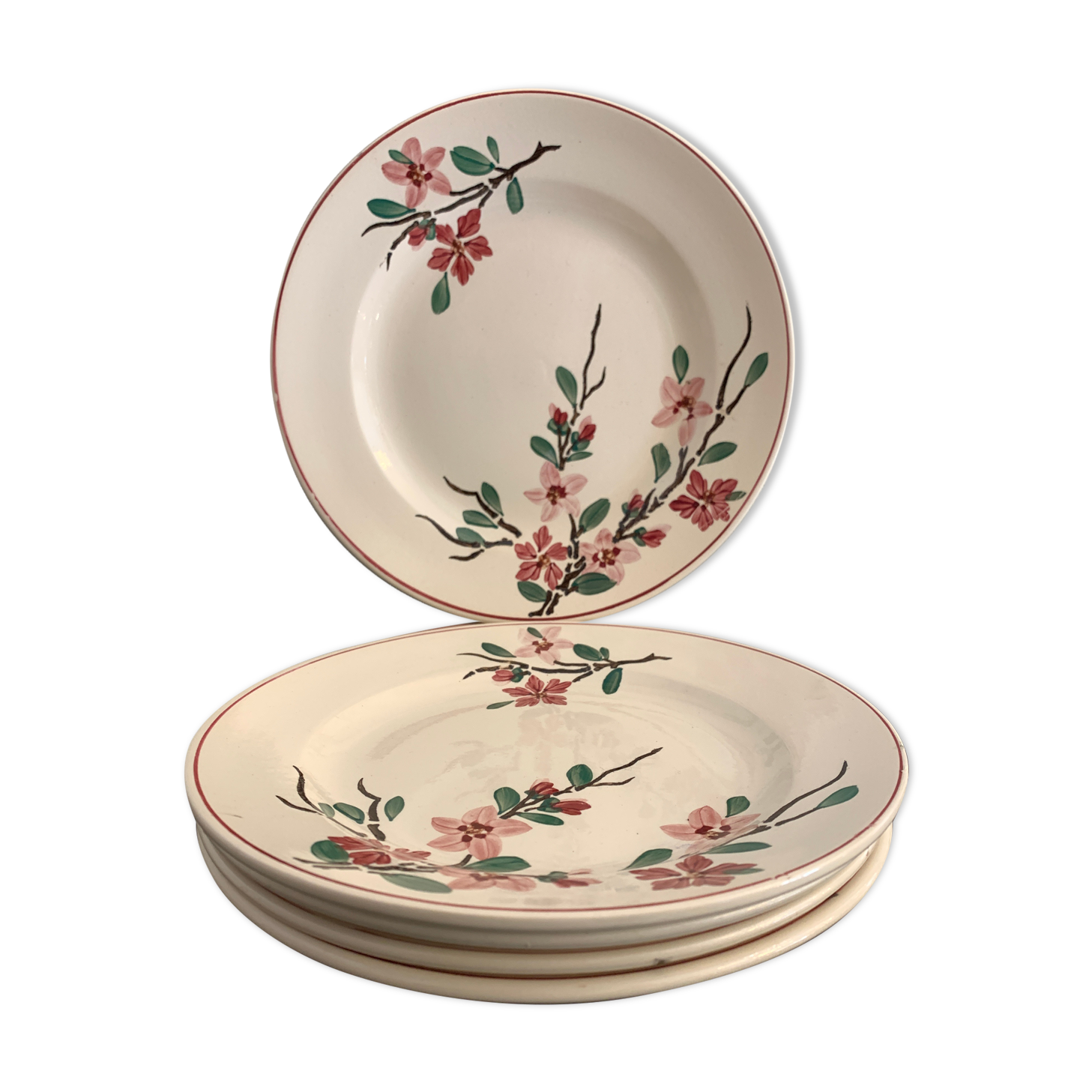 5 assiettes à dessert Digoin Sarreguemines, modèle Aigues Vives, 1940