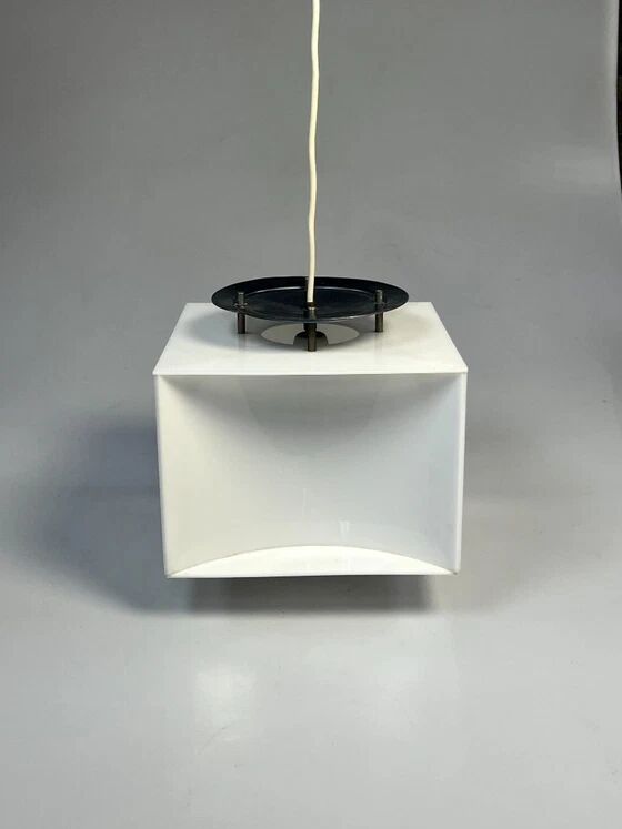 Lampe pendentif blanche vintage Cube, époque spatiale, années 1970