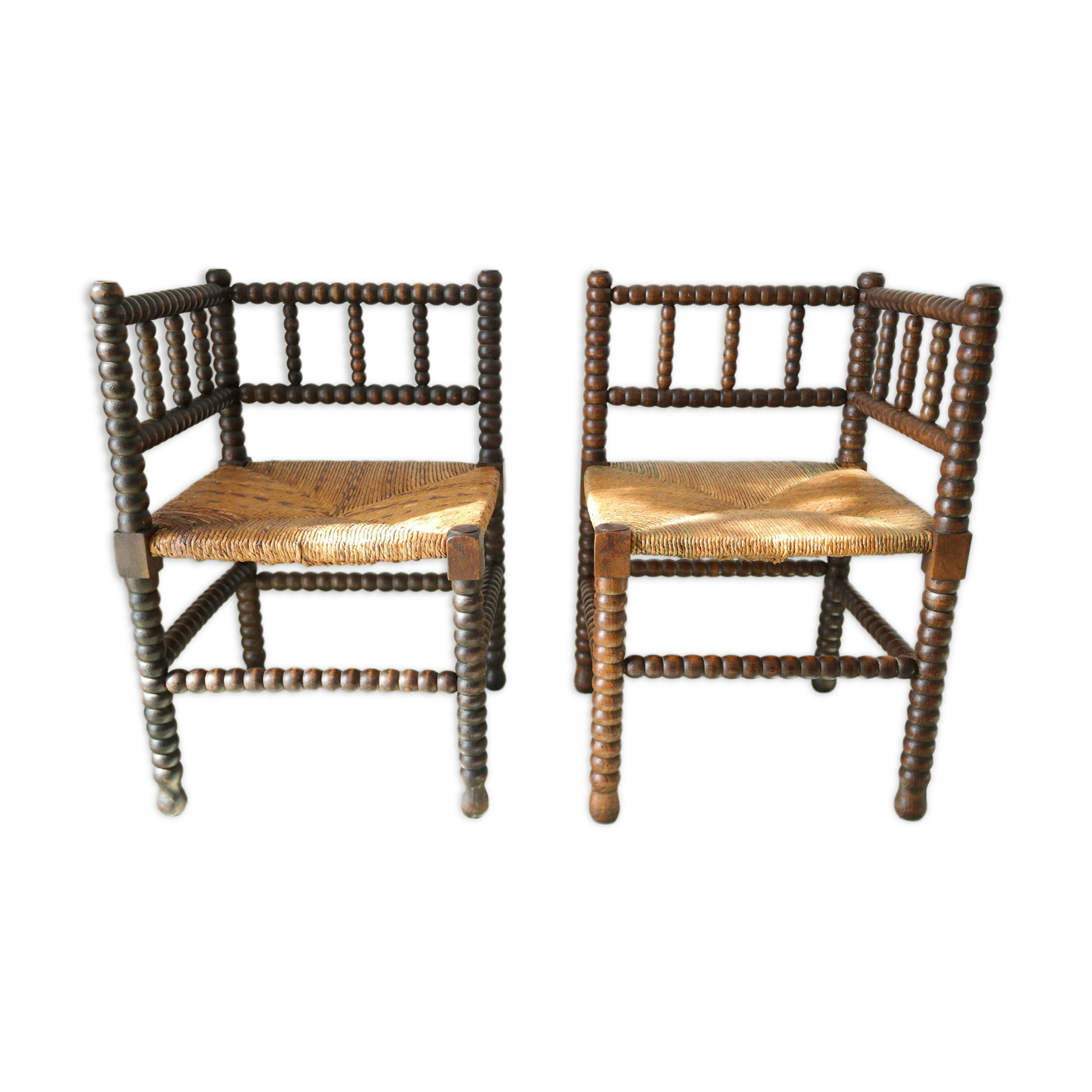 Pair of chairs corner fireplace turned beaded wood