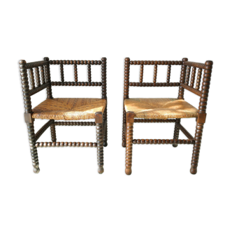 Pair of chairs corner fireplace turned beaded wood
