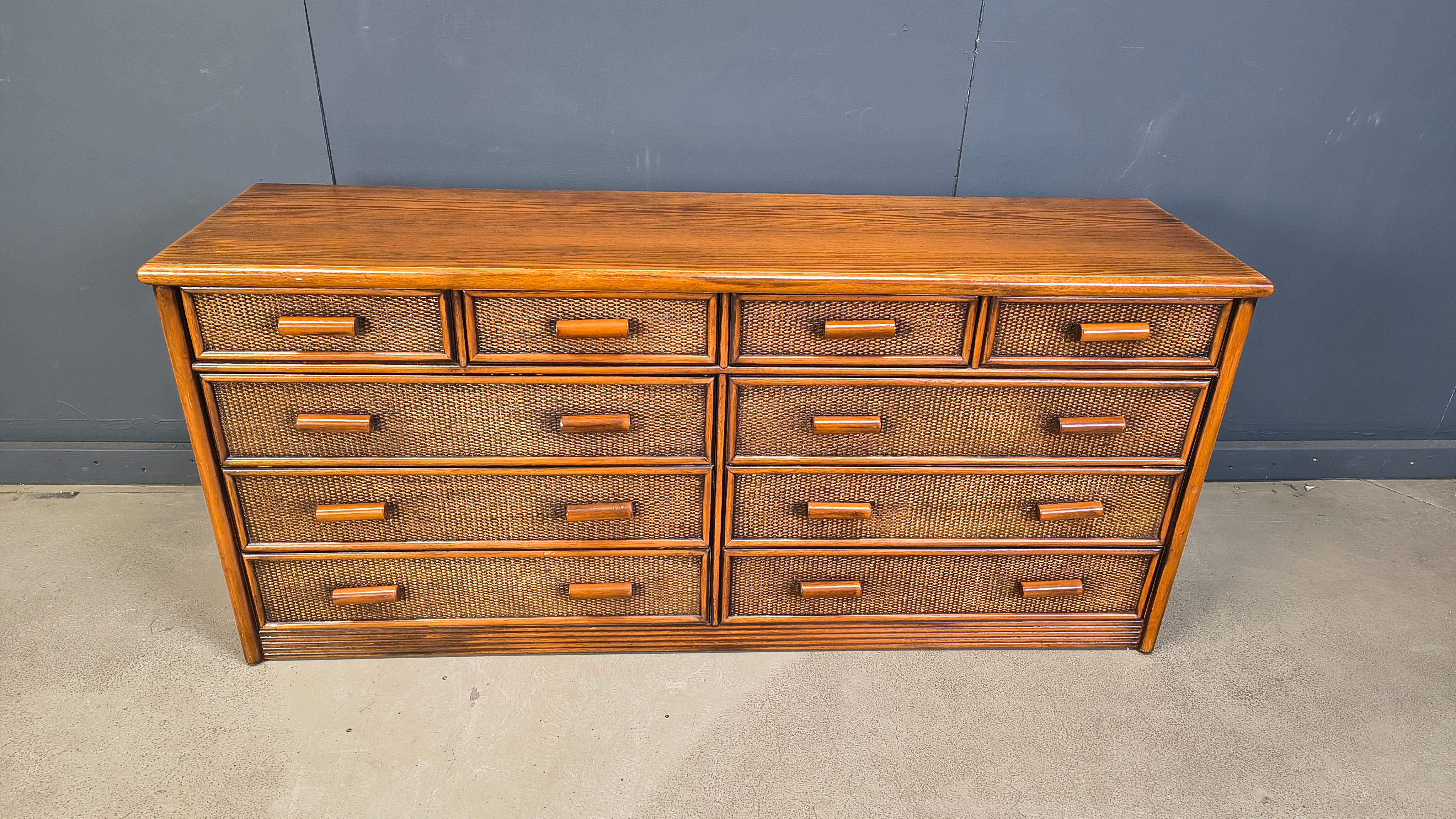 Vintage rattan and bamboo chest of drawers, 1970s