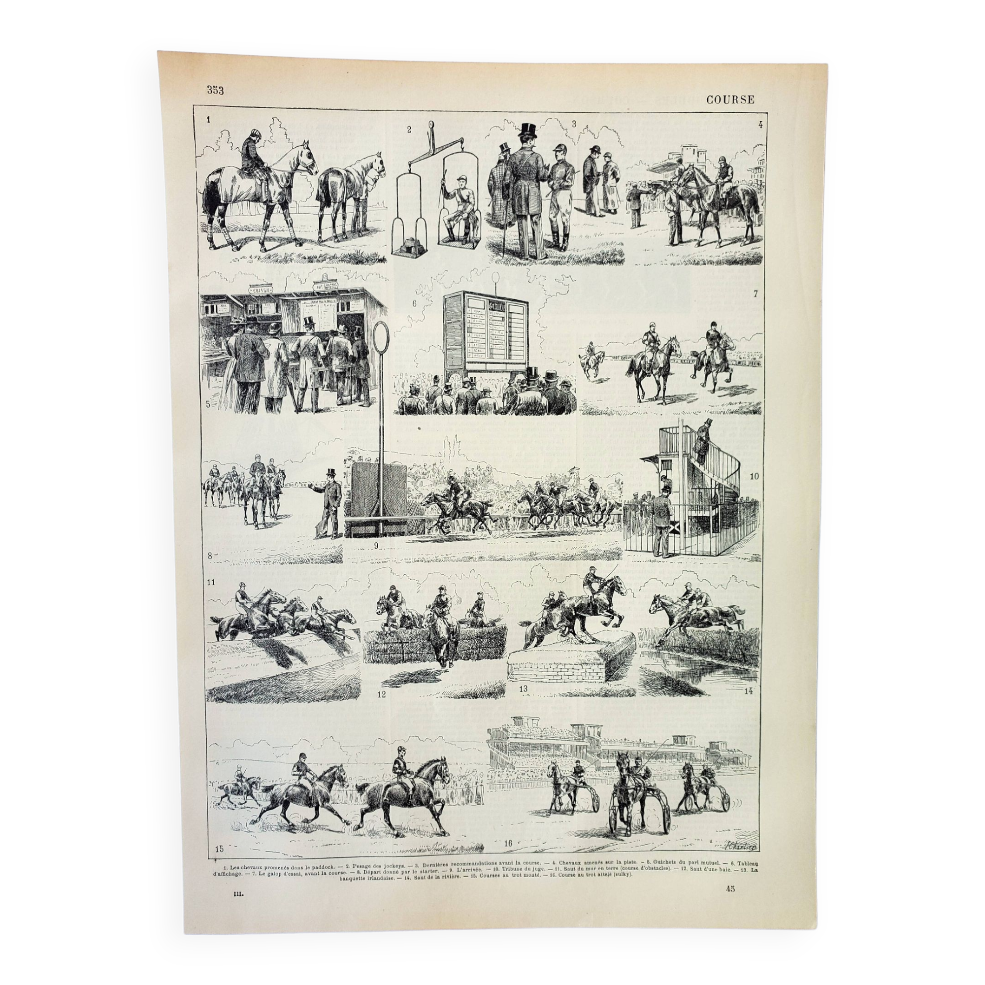 Gravure ancienne 1898, Course de chevaux, hippodrome • Lithographie, Planche originale