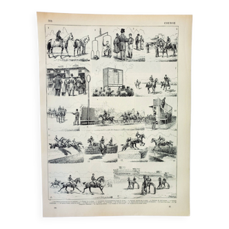 Gravure ancienne 1898, Course de chevaux, hippodrome • Lithographie, Planche originale