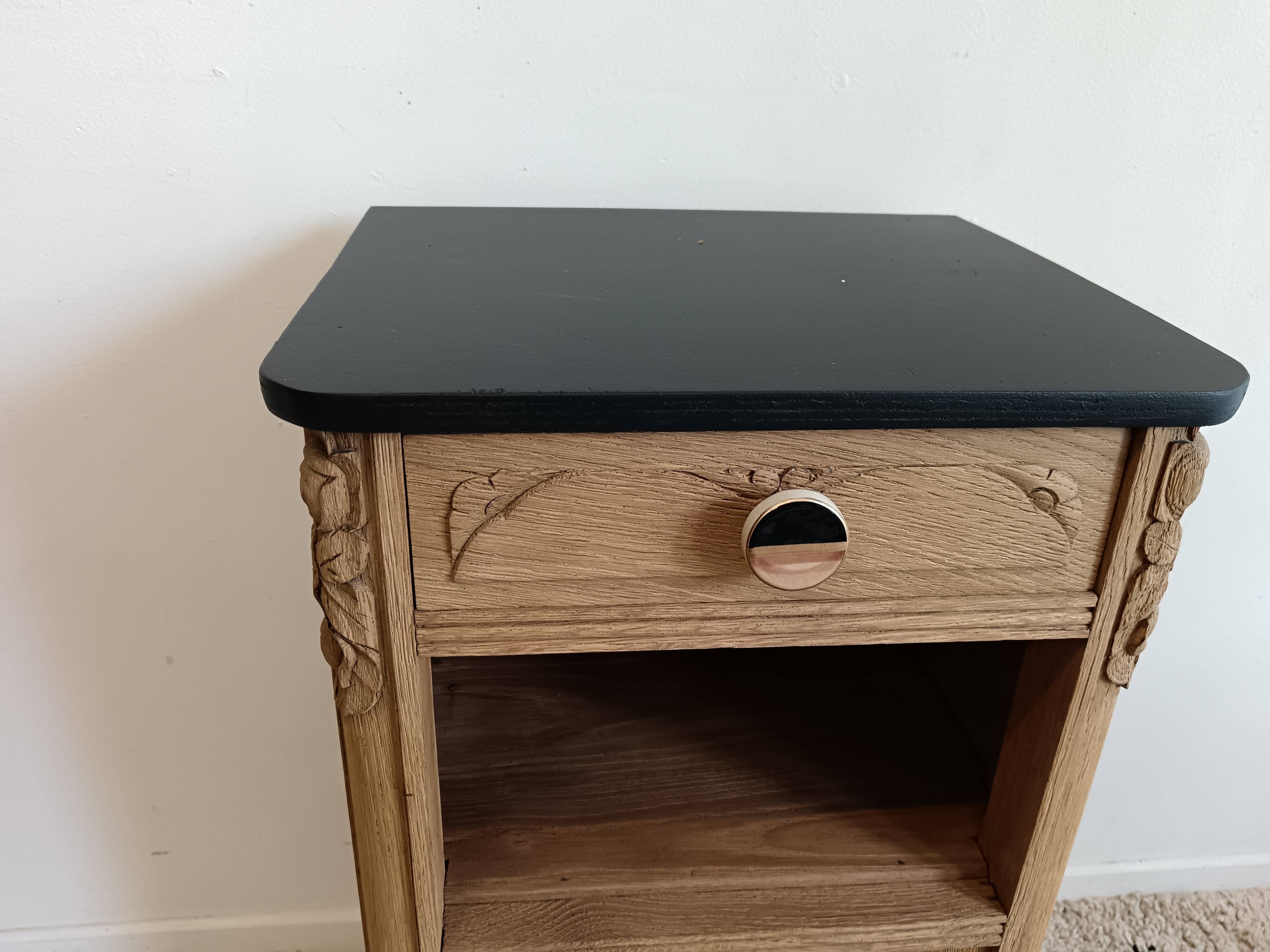 Bedside table in solid black oak and natural Art Deco wood