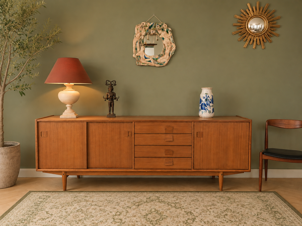 Enfilade scandinave en teck longueur 230 à 3 portes 4 tours