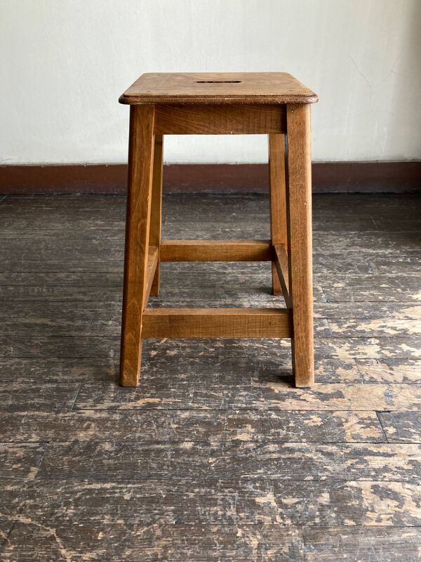 Tabouret pensionnat en chêne et plywood 1950