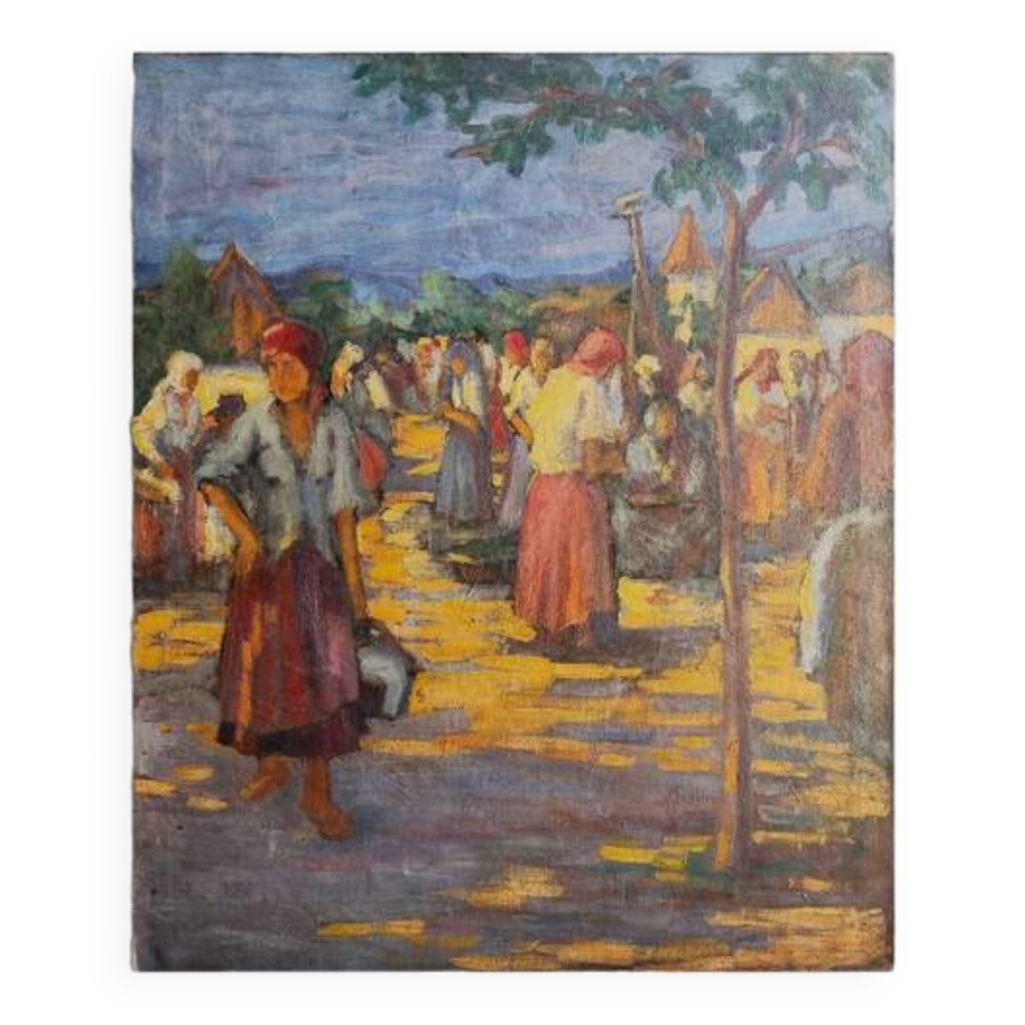 Painting, oil on canvas, The market, 20th century, oil on paper, signed, 26.5x26.5cm, with frame