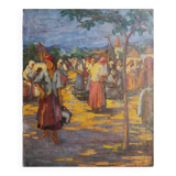 Painting, oil on canvas, The market, 20th century, oil on paper, signed, 26.5x26.5cm, with frame