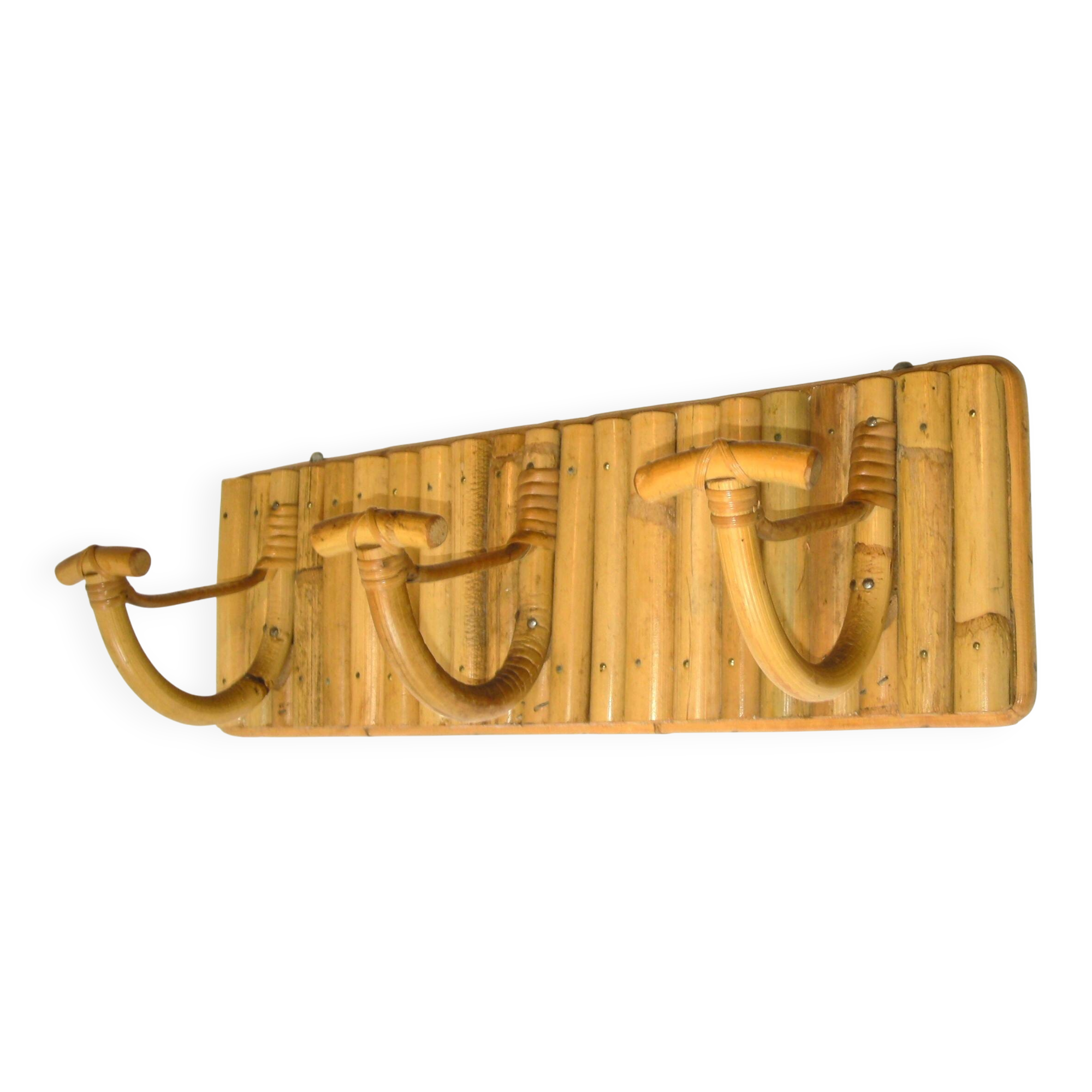 1950s bamboo rattan wall coat rack