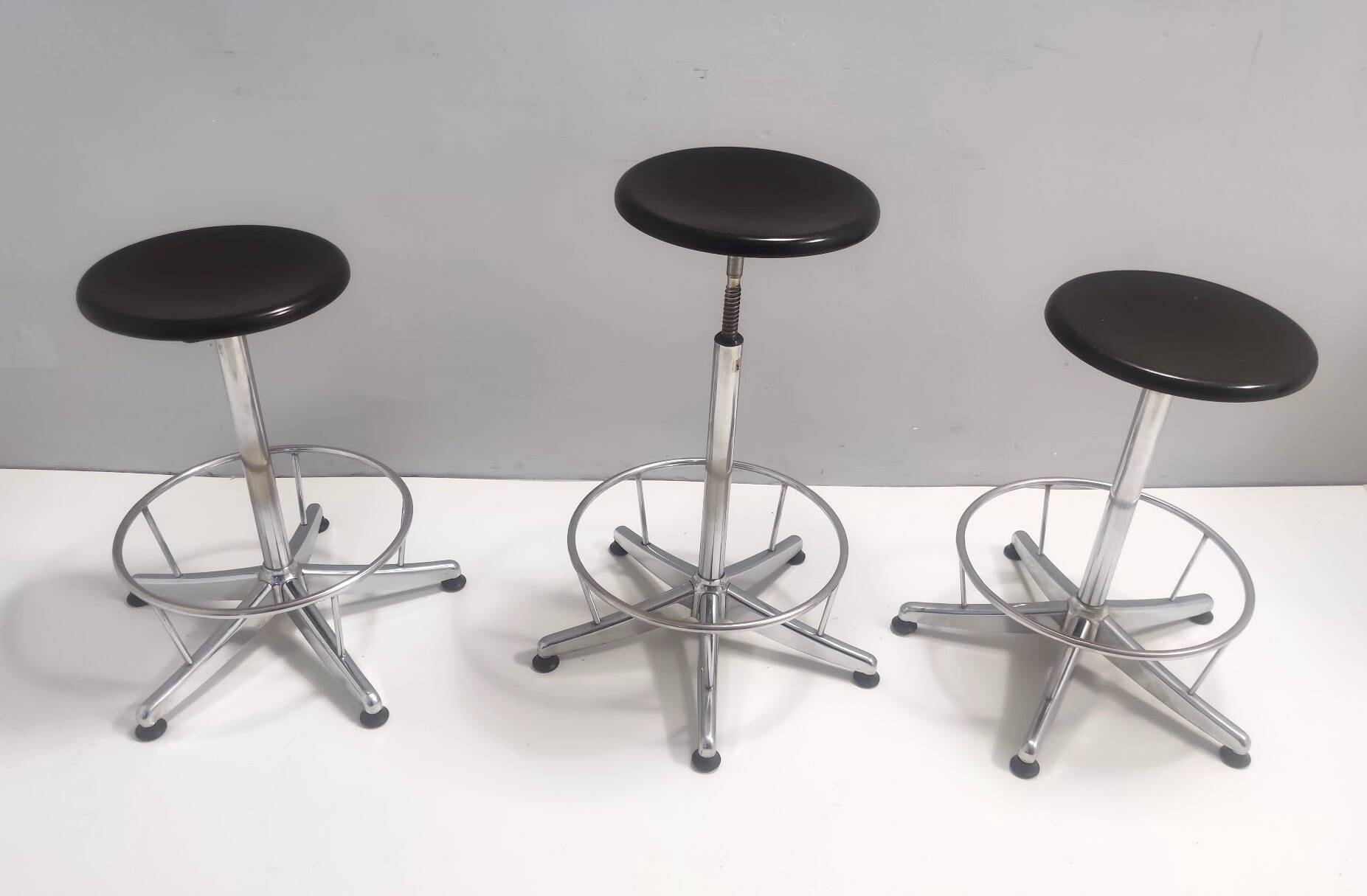 Vintage Black Plastic and Chromed Metal Revolving and Adjustable Stool, Italy