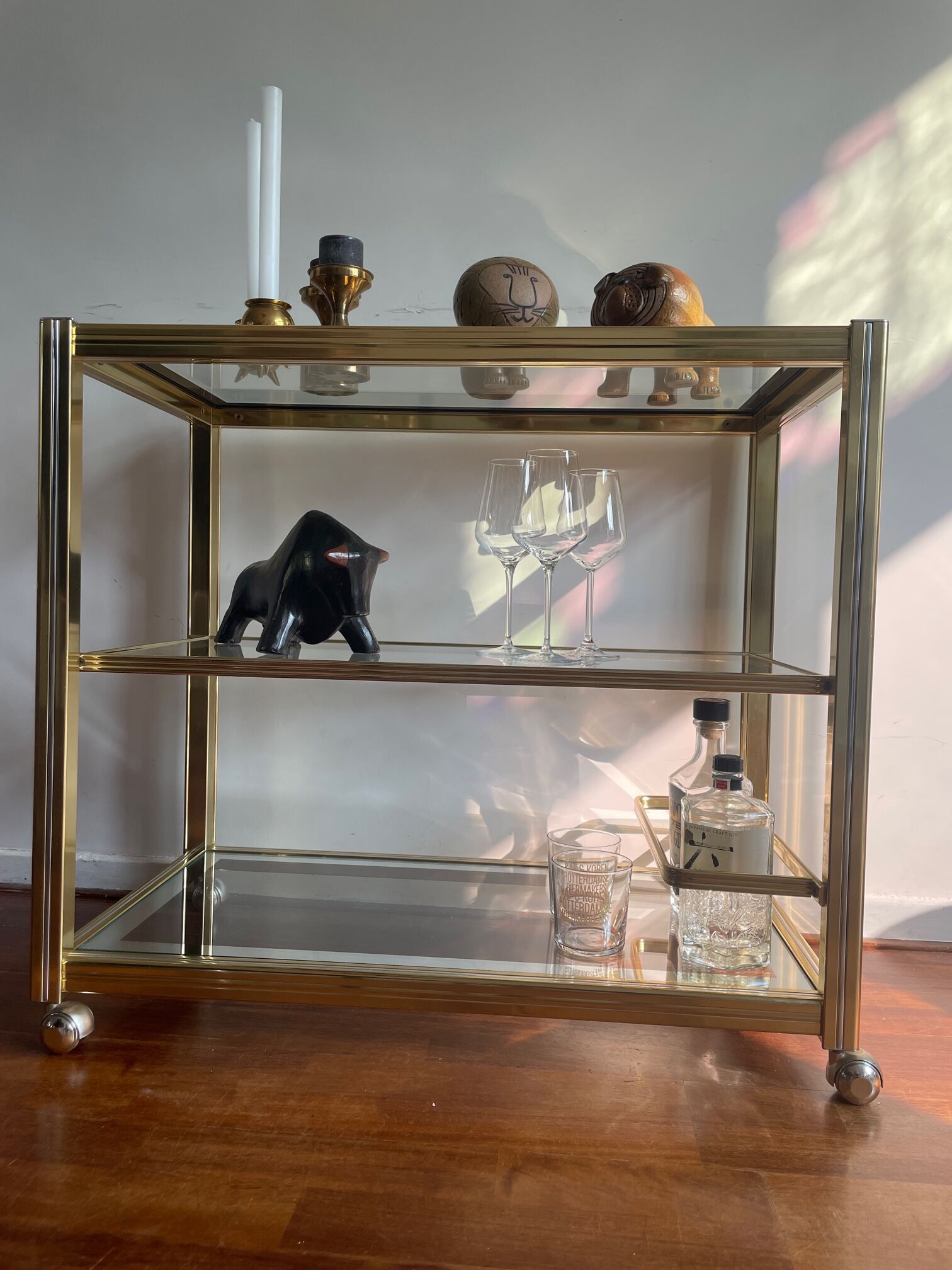 Vintage brass and glass bar cart, 1980