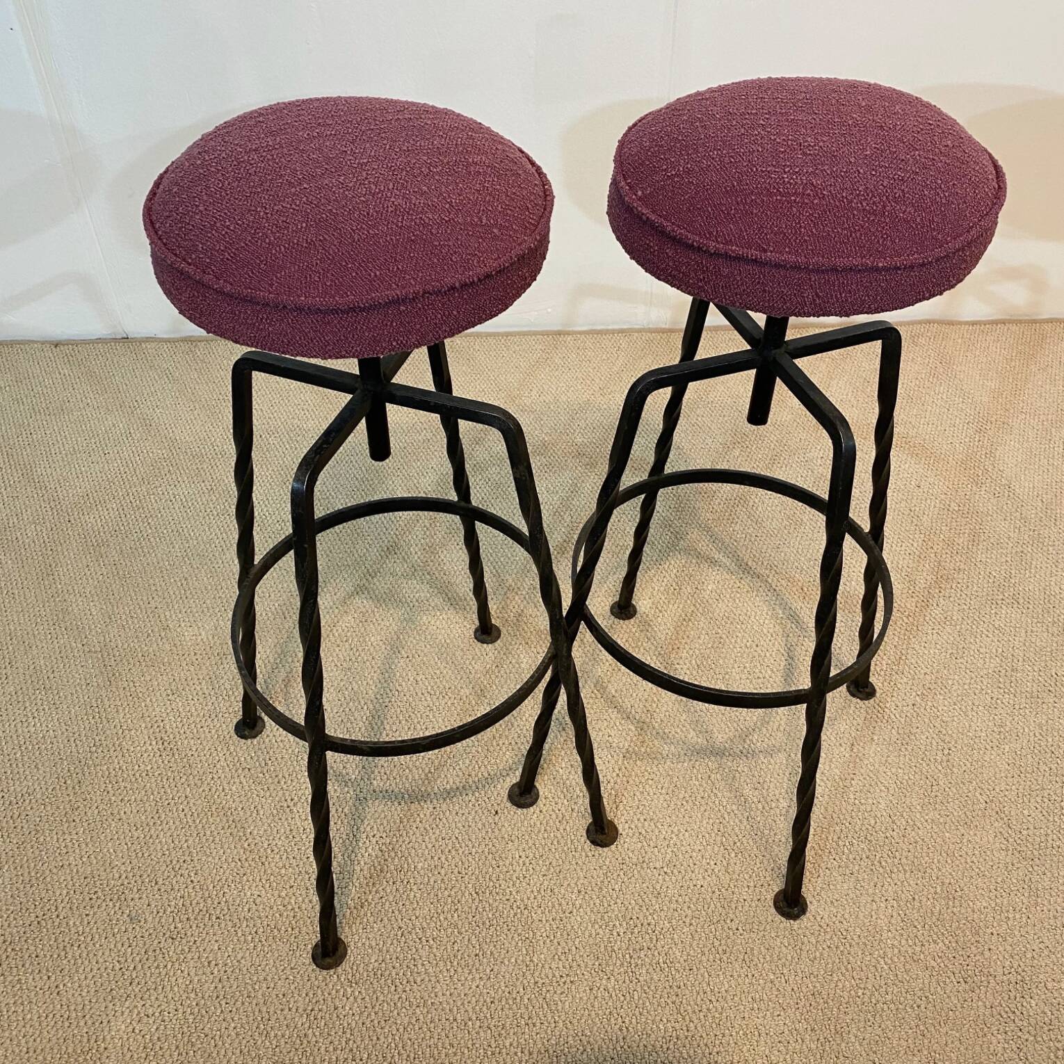 Pair Maroon Boucle Iron Swivel Bar Stools Midcentury Italian Vintage 1950s