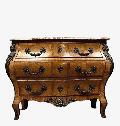 Louis XV style chest of drawers with curved caryatids on all sides in marquetry