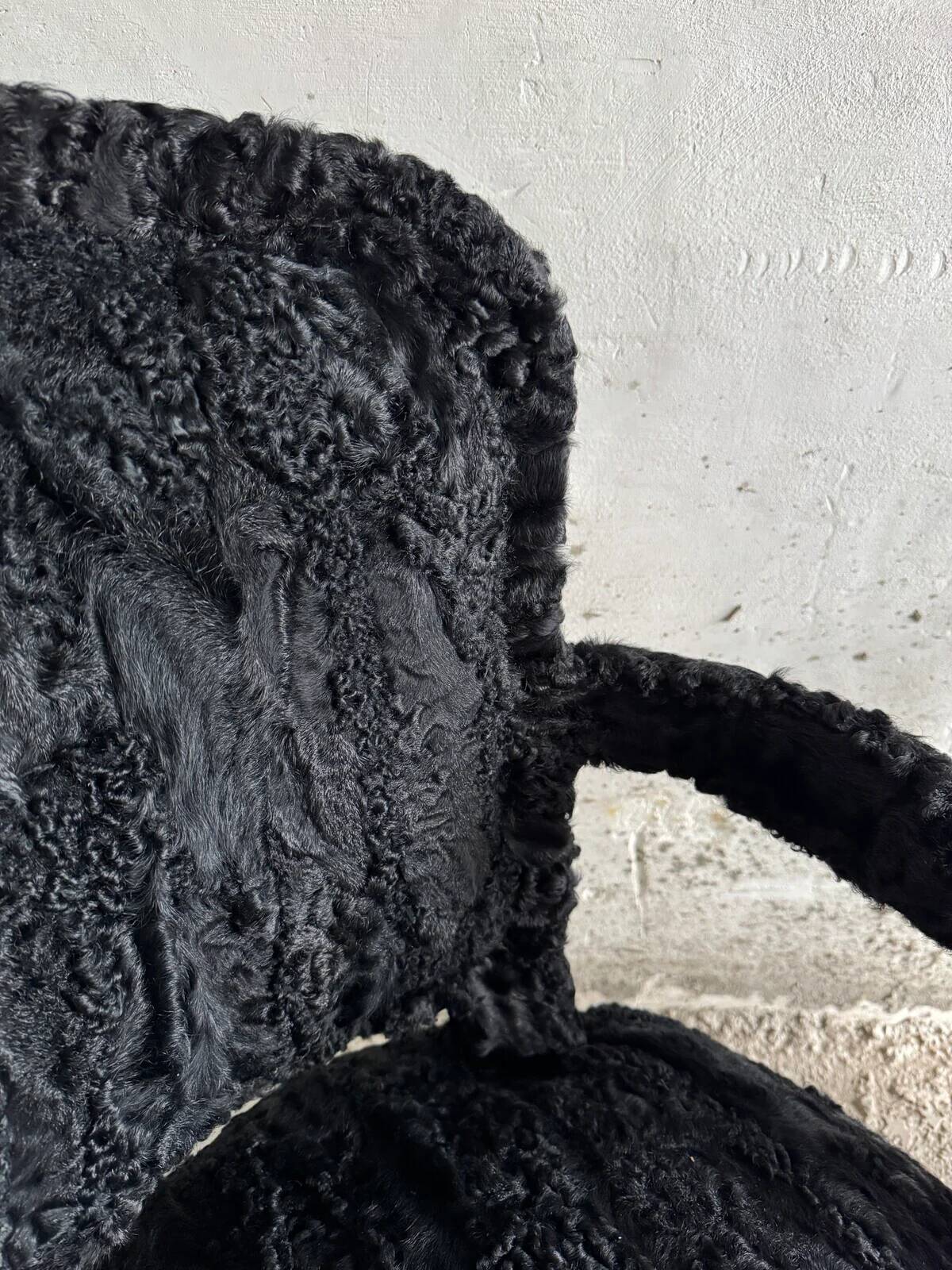 Set of 2 Black Feather-Textured Upholstered Theatrical Armchairs — Wood Frame, Dramatic Baroque Revival Style