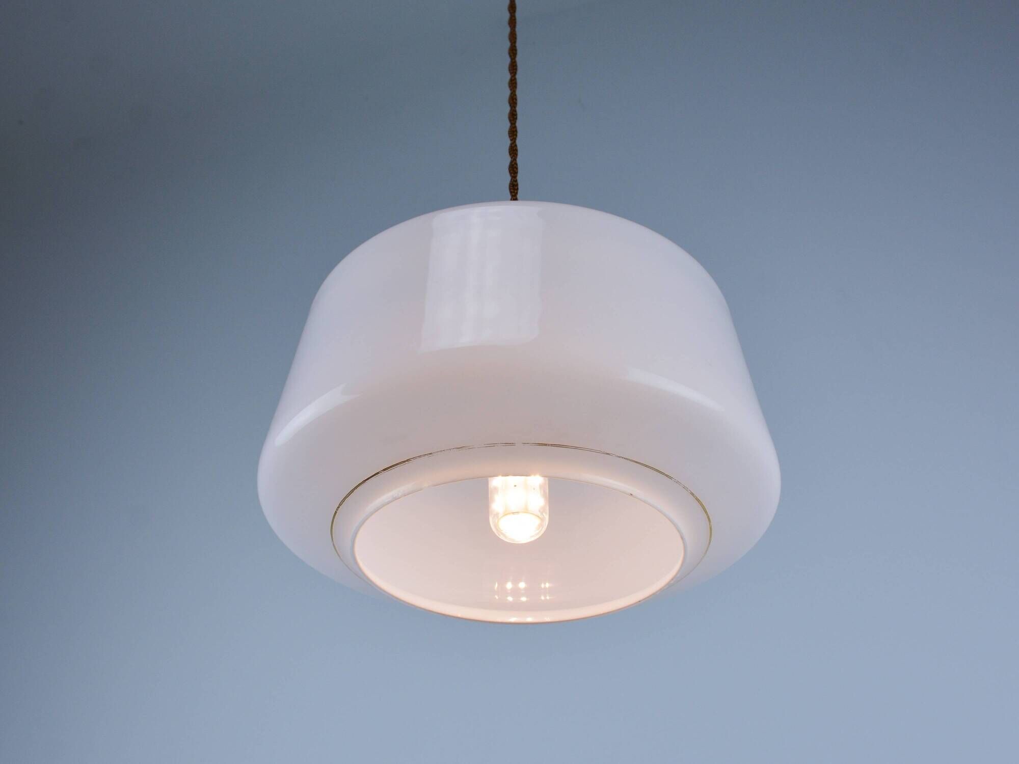Vintage Mid-Century Baby Blue Glass and Brass Pendant Lamp