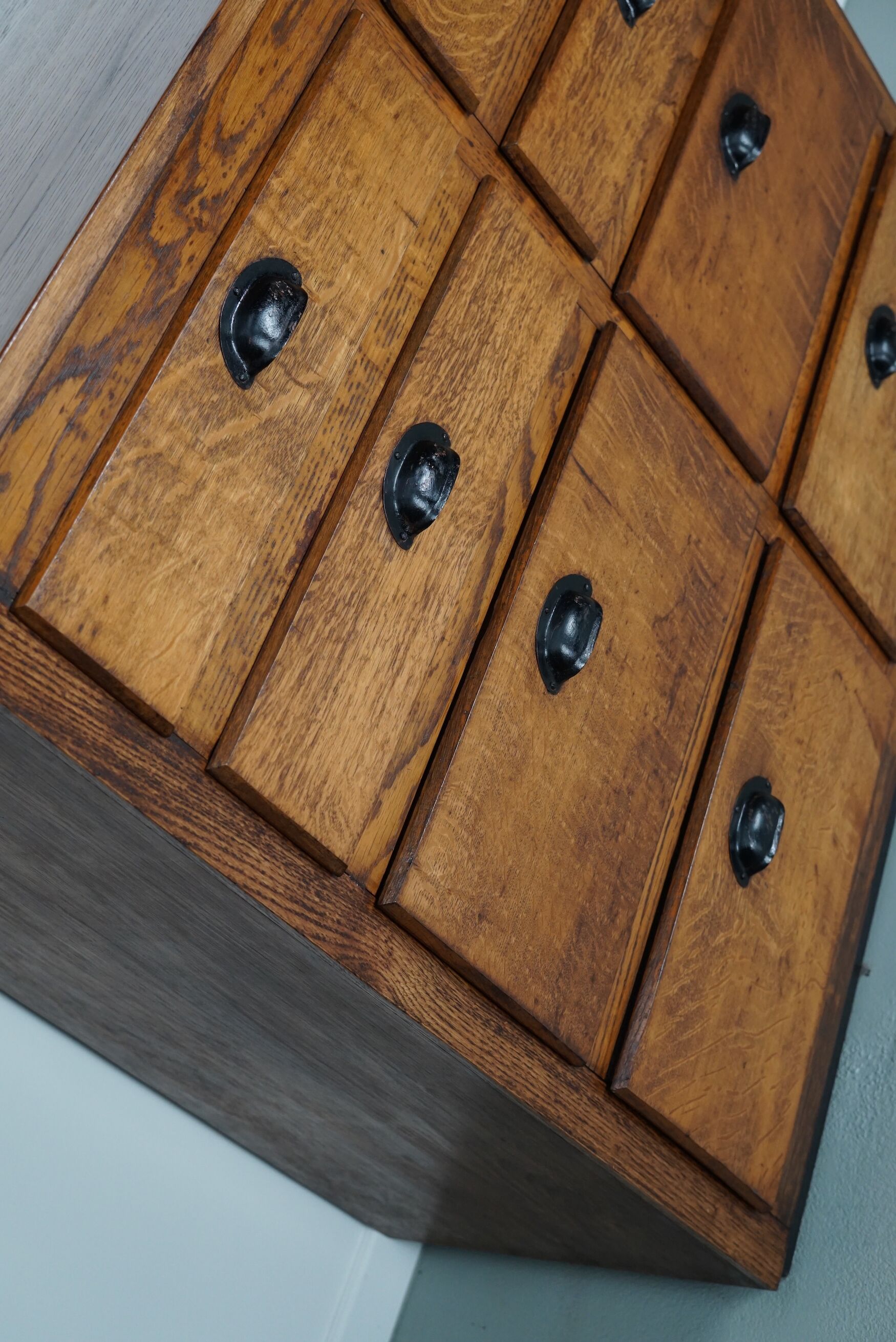 Belgian industrial oak apothecary cabinet, 1940s