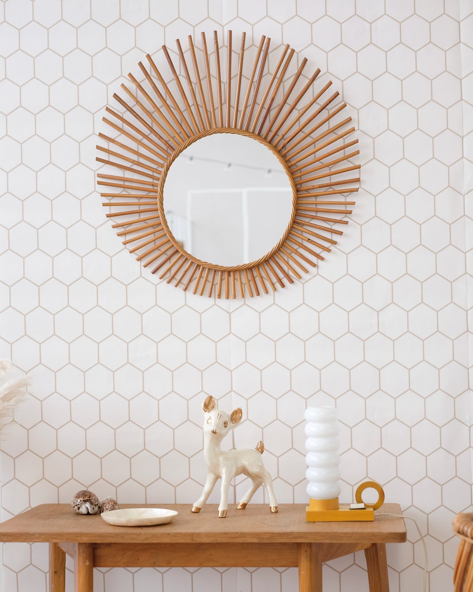 Old large rattan sun mirror