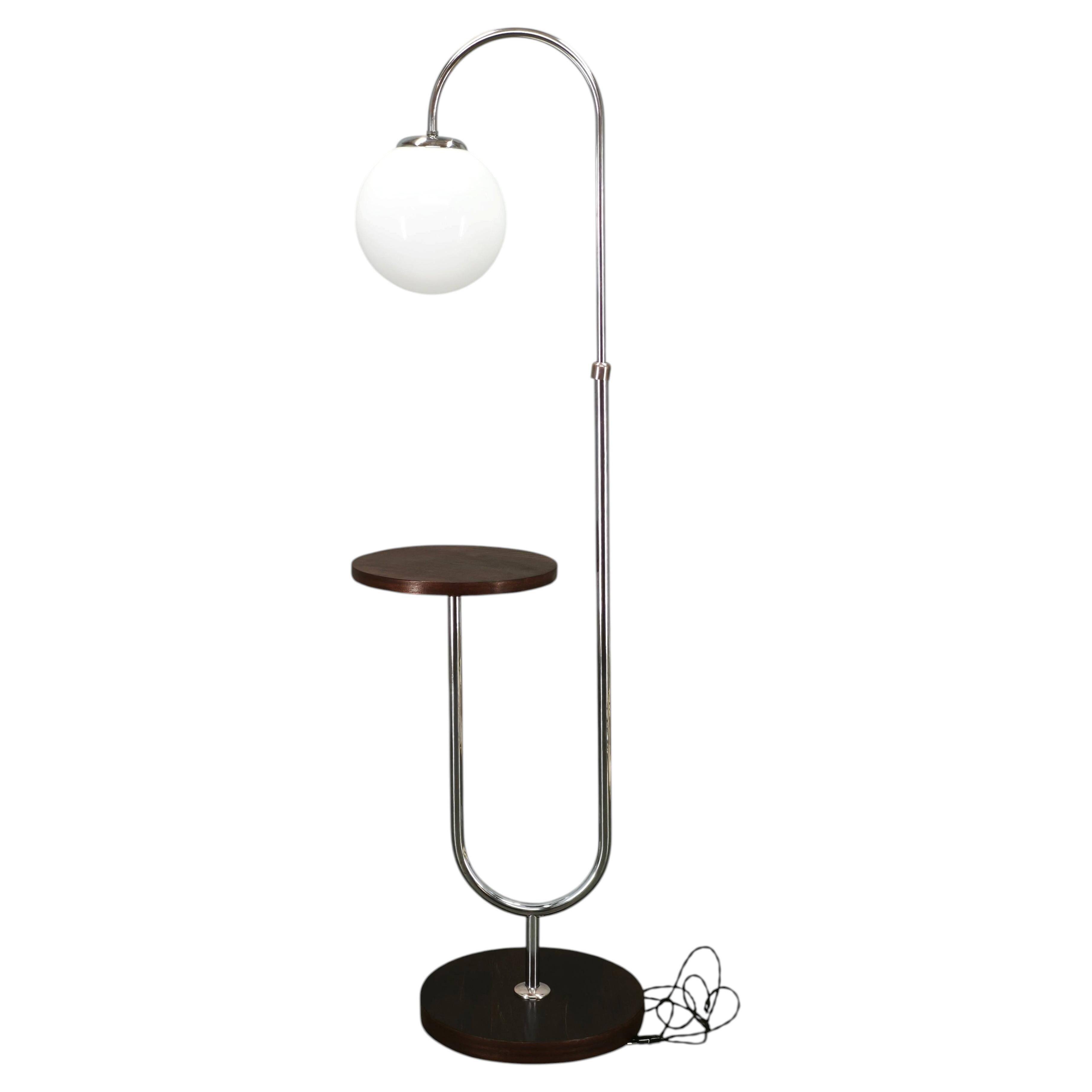 1940s Art Deco Chrome Floor Lamp with Opaline Globe and Side Table