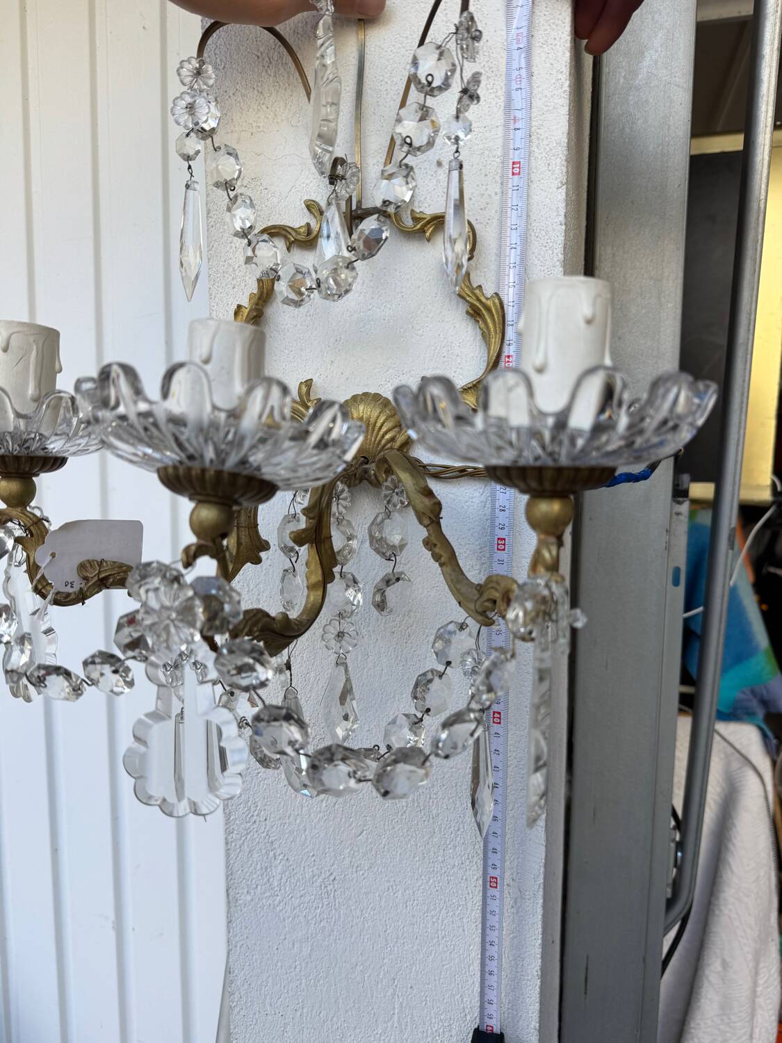 Pair of 3-light bronze and crystal wall lights