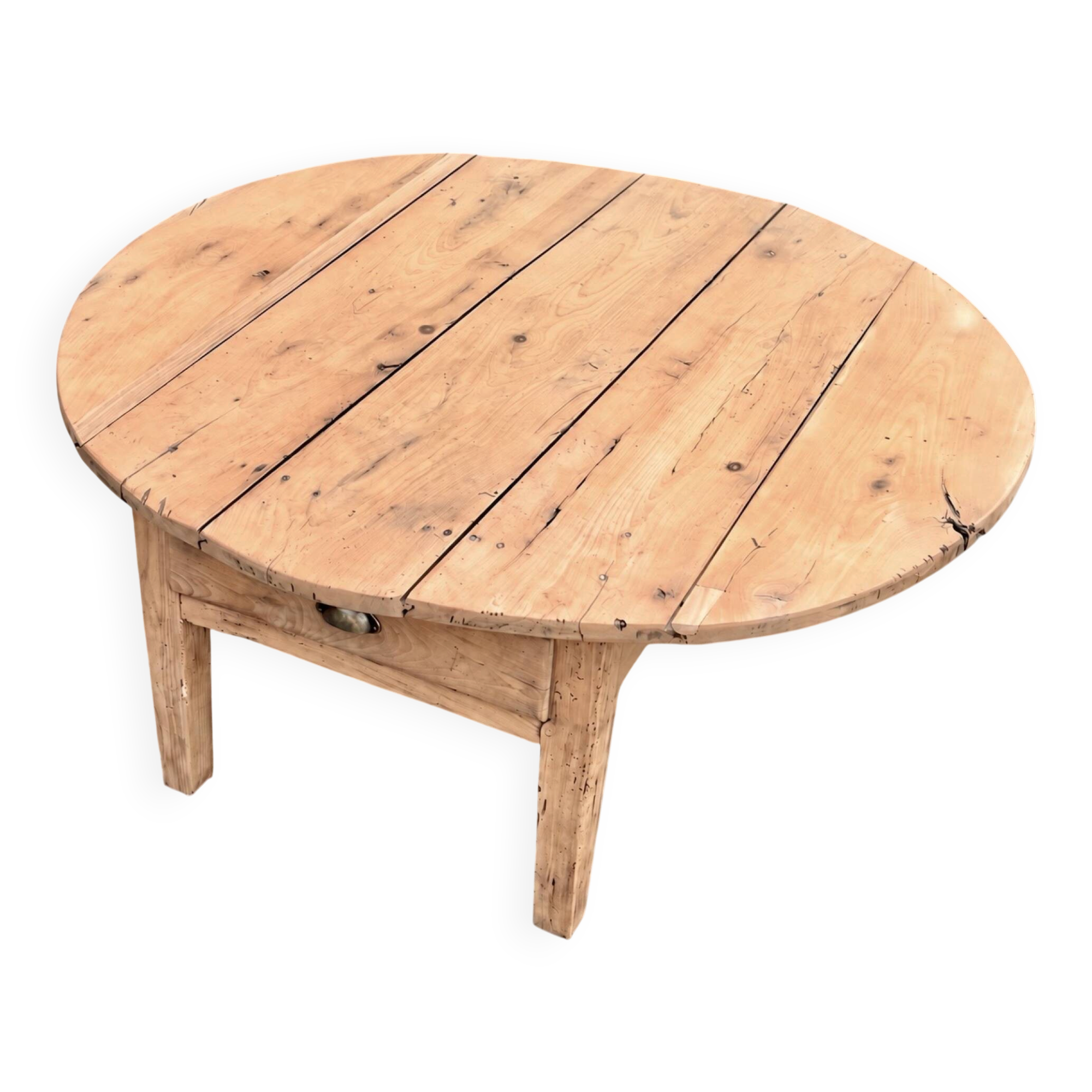 Round coffee table with 1 drawer, antique, made of raw solid wood.