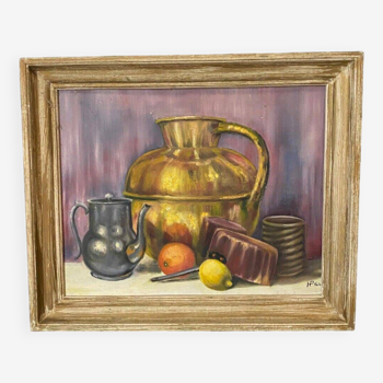 Oil on cardboard still life with fruit and saucepan HP 1964