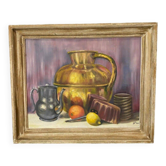 Huile sur carton nature morte aux fruits et à la casserole, HP 1964