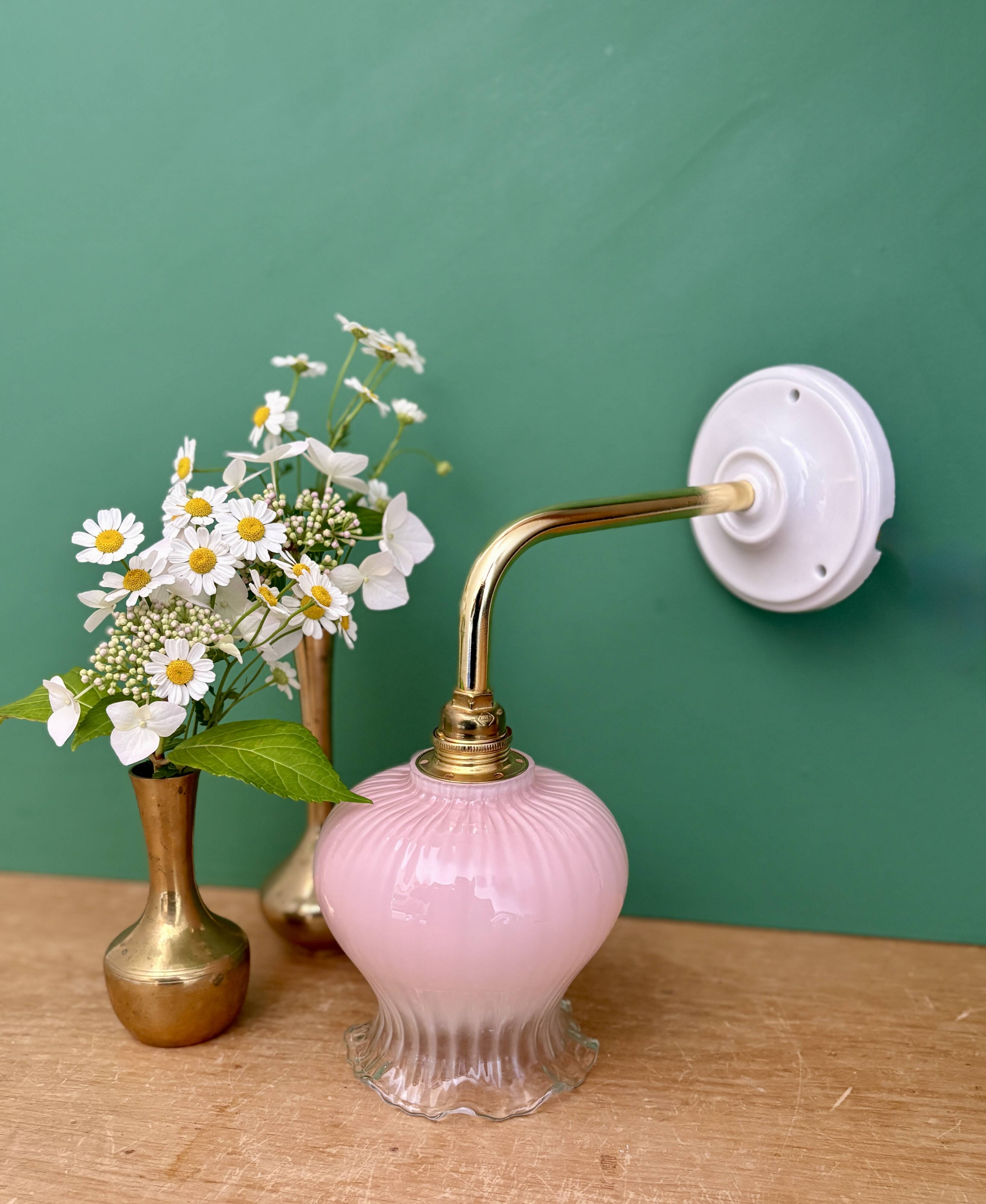 Vintage pink and clear glass elbow wall light.
