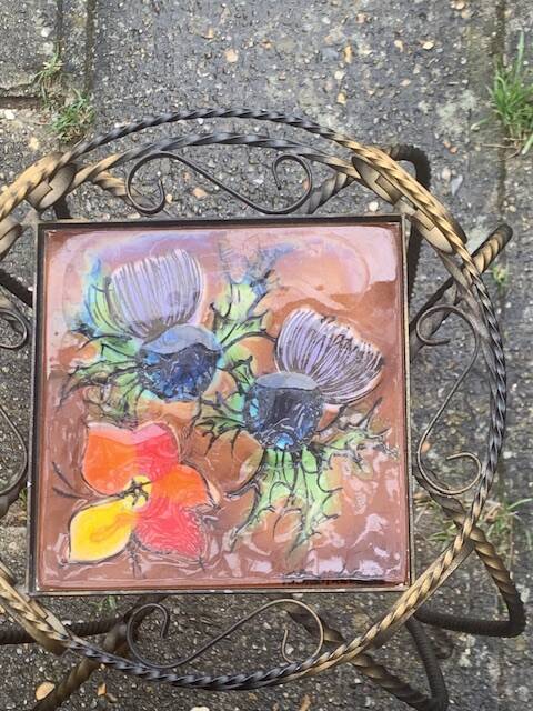 Plant door, iron harness forged twist black and golden and hand-painted ceramic tile