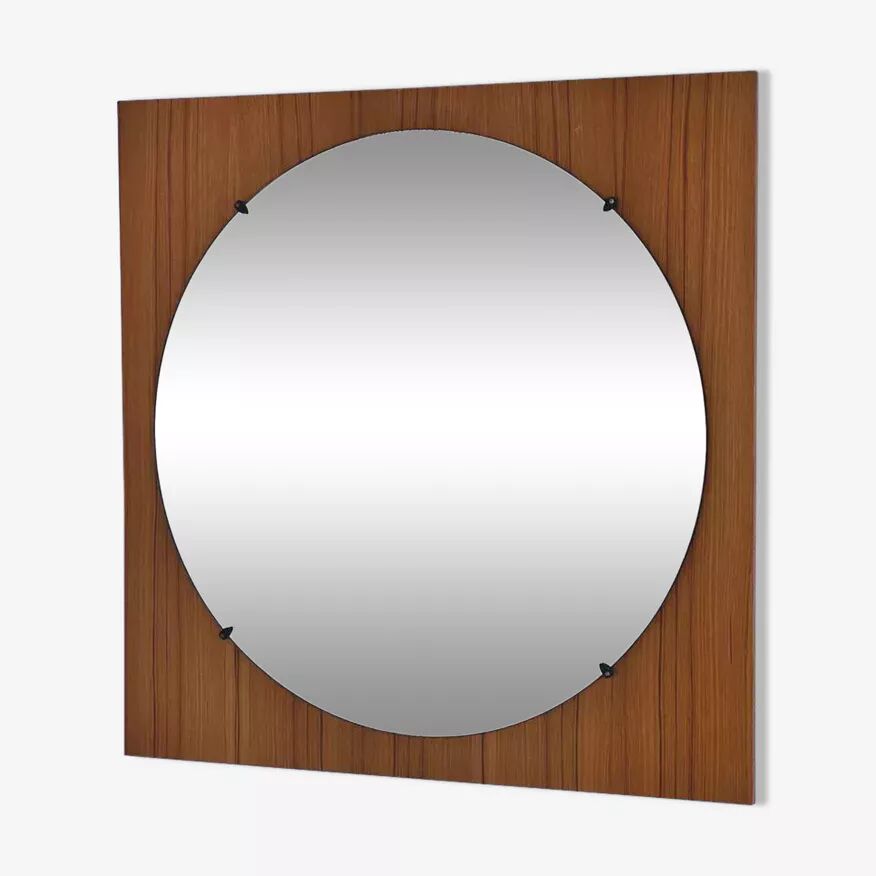 Round mirror from the 60s - 70s on a square wooden frame