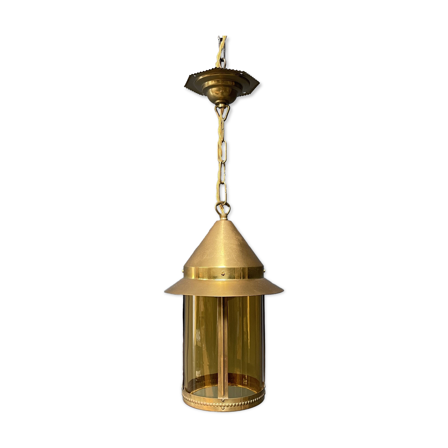 Brass lantern pendant lamp with yellow glass