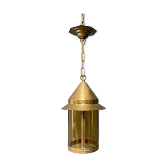 Brass lantern pendant lamp with yellow glass