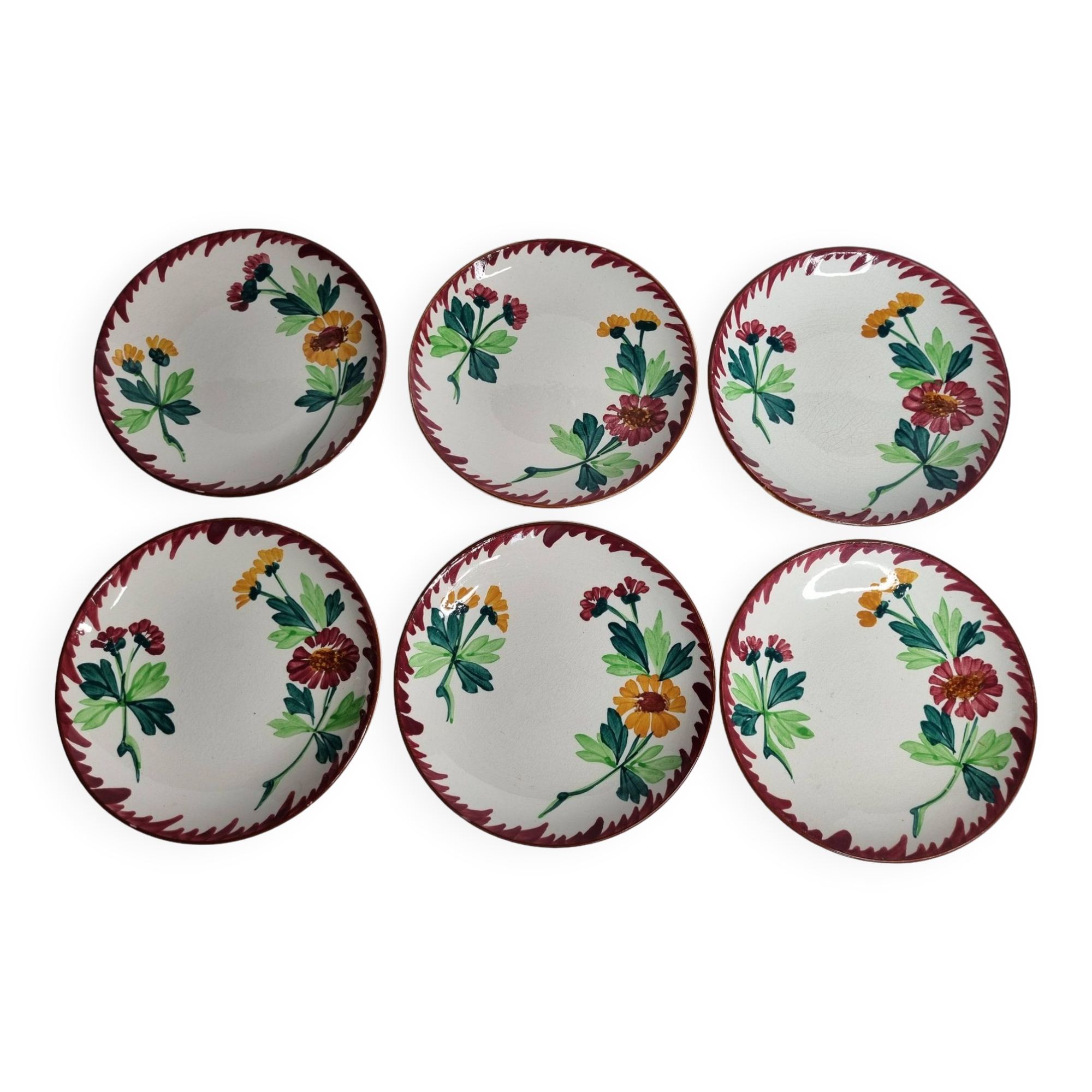 Set of 6 old Sarreguemines earthenware dessert plates, Colmar decor, 1920