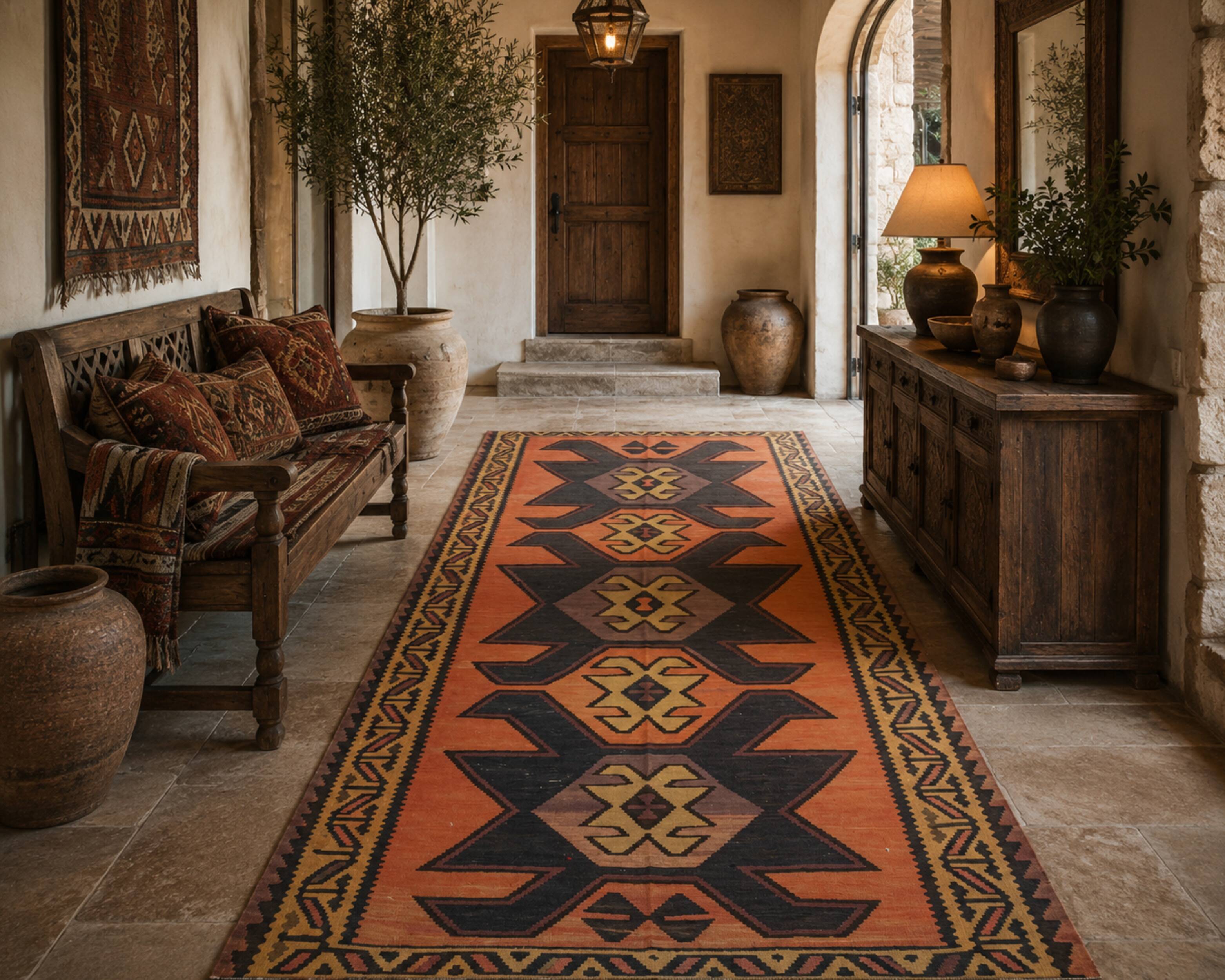Rug & Kilim Rust Geometric Runner, Handmade Tribal Wool Flatweave, Boho Hallway Rug