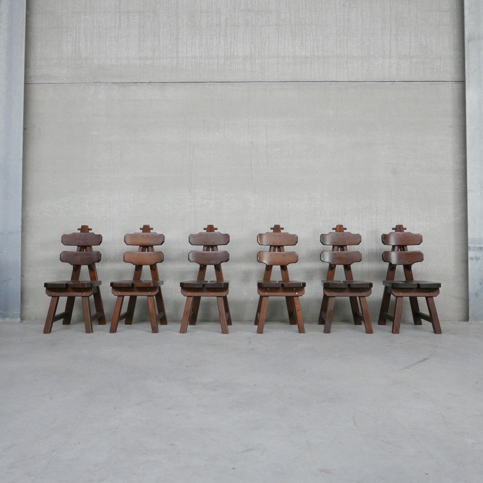 6 brutalist spanish oak dining chairs