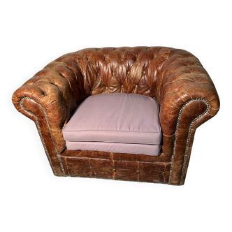 Fauteuil Chesterfield vintage en cuir capitonné marron