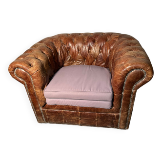 Vintage Chesterfield armchair in brown upholstered leather