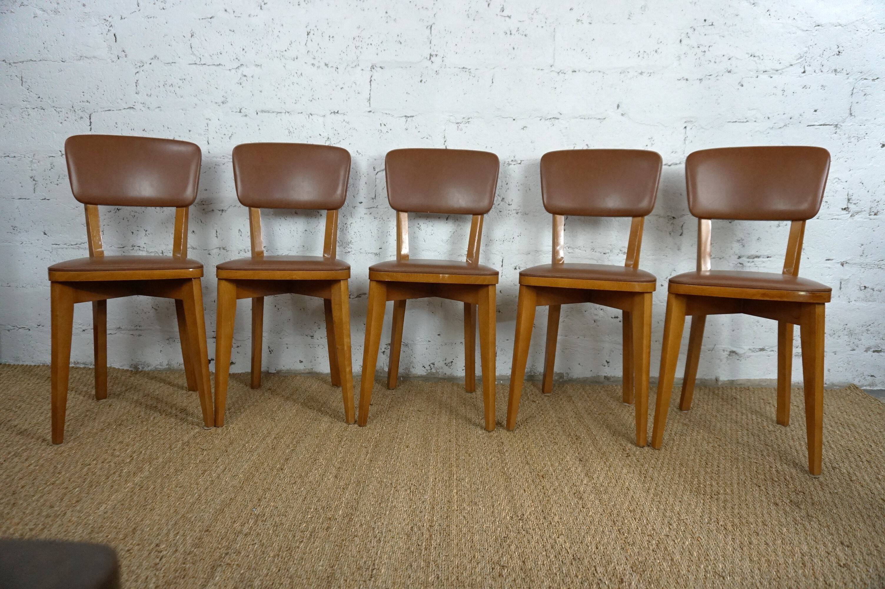 5 1960s Scandinavian style chairs in brown wood and skai, French handcrafted by Raincy