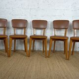 5 1960s Scandinavian style chairs in brown wood and skai, French handcrafted by Raincy