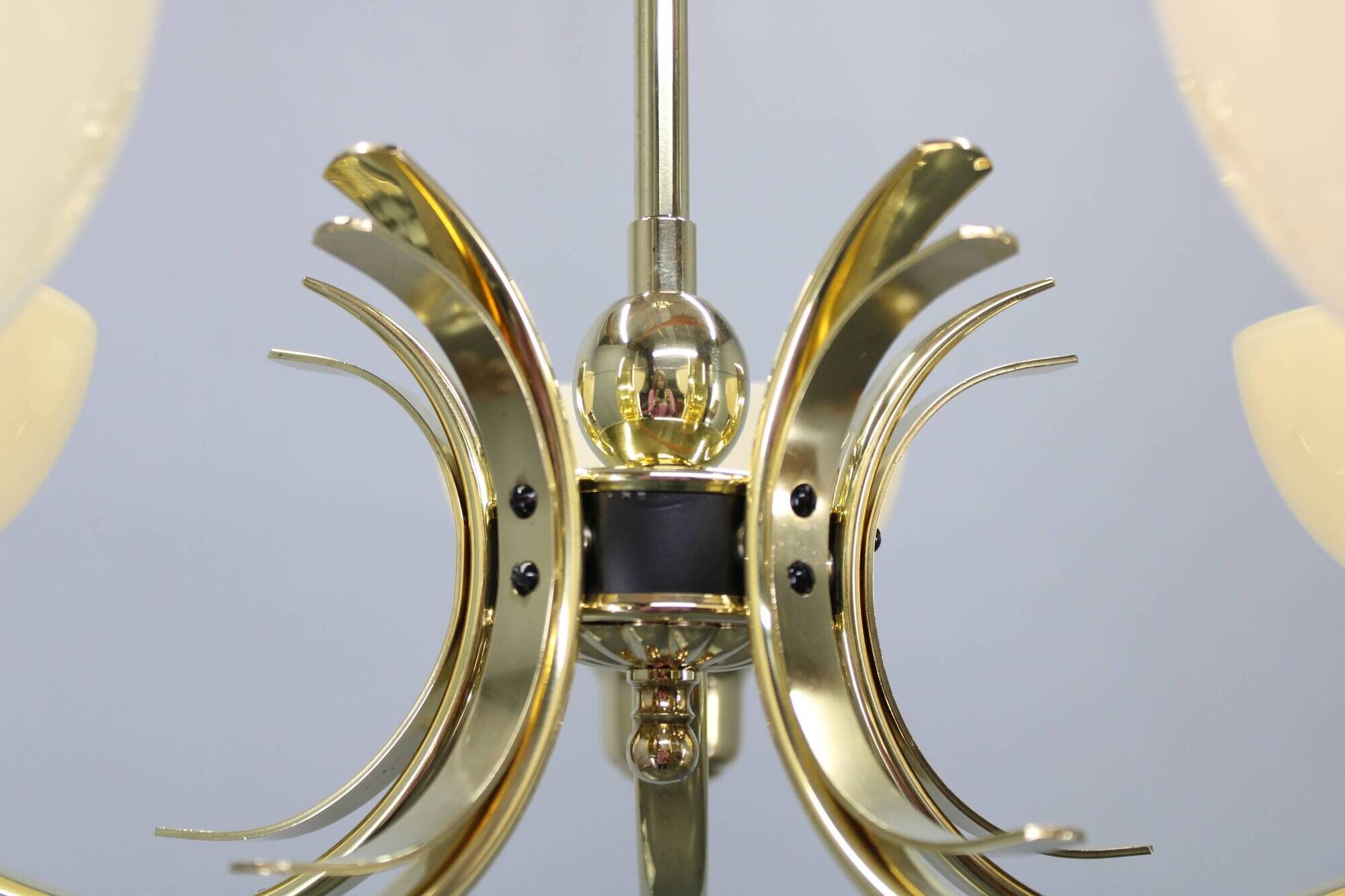 Art Deco brass chandelier with cream opaline glass, Czechoslovakia 1930s