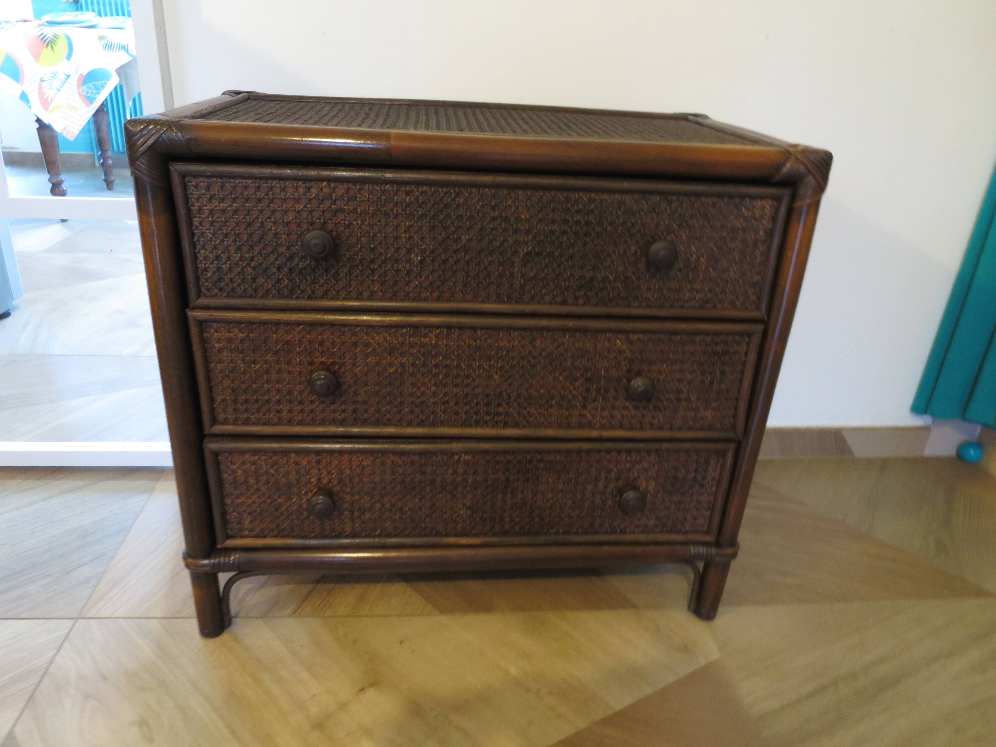 Vintage 3-drawer chest of drawers - wood, bamboo and woven rattan - 1980s