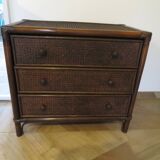 Vintage-commode 3 tioirs -bois bambou et rotin tressé - années 80