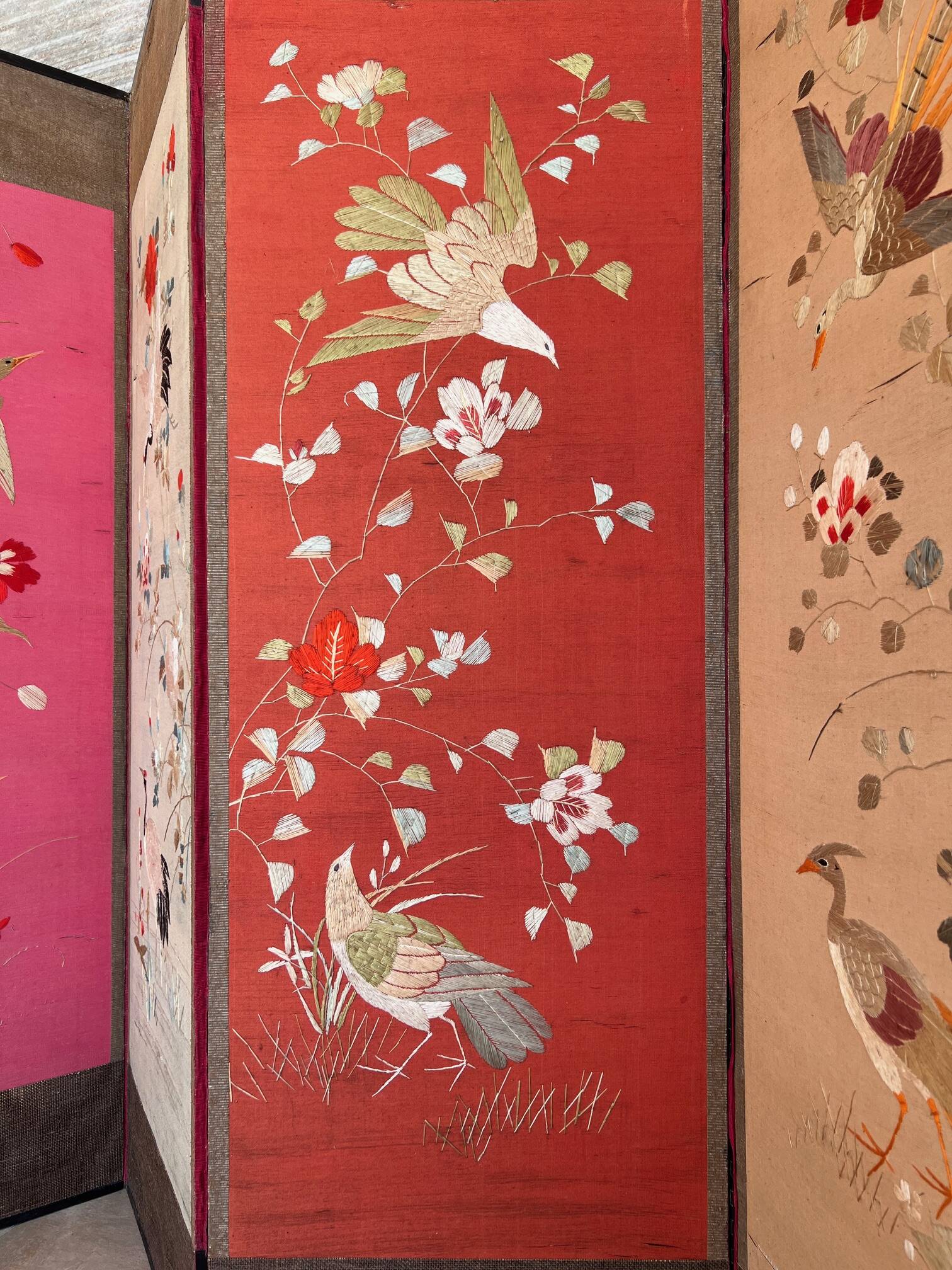 4-panel Japanese screen, 19th century, bird silk embroidery