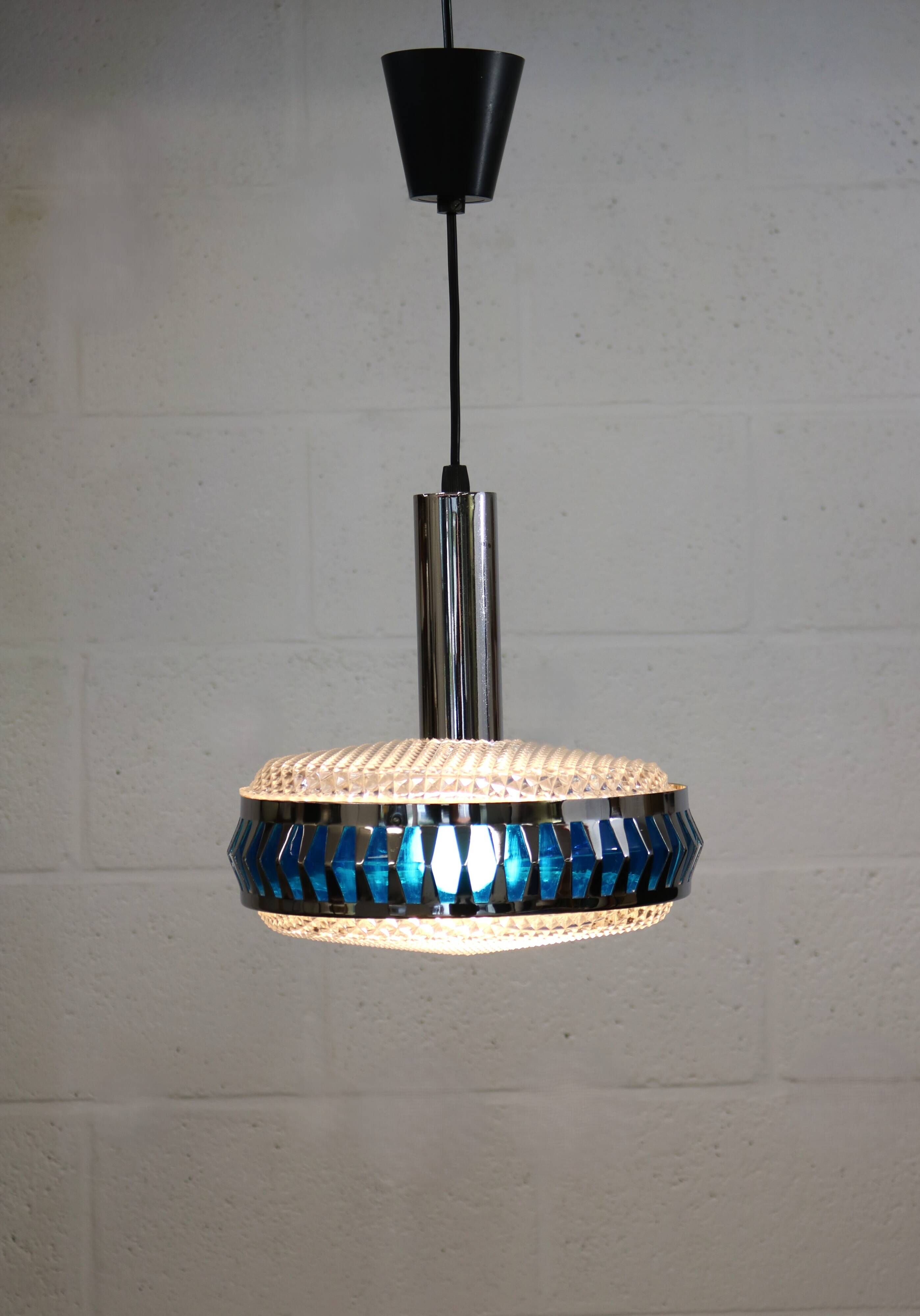 Vintage Chrome & Blue Pendant Lamp - 1970s Massive Belgium Lighting