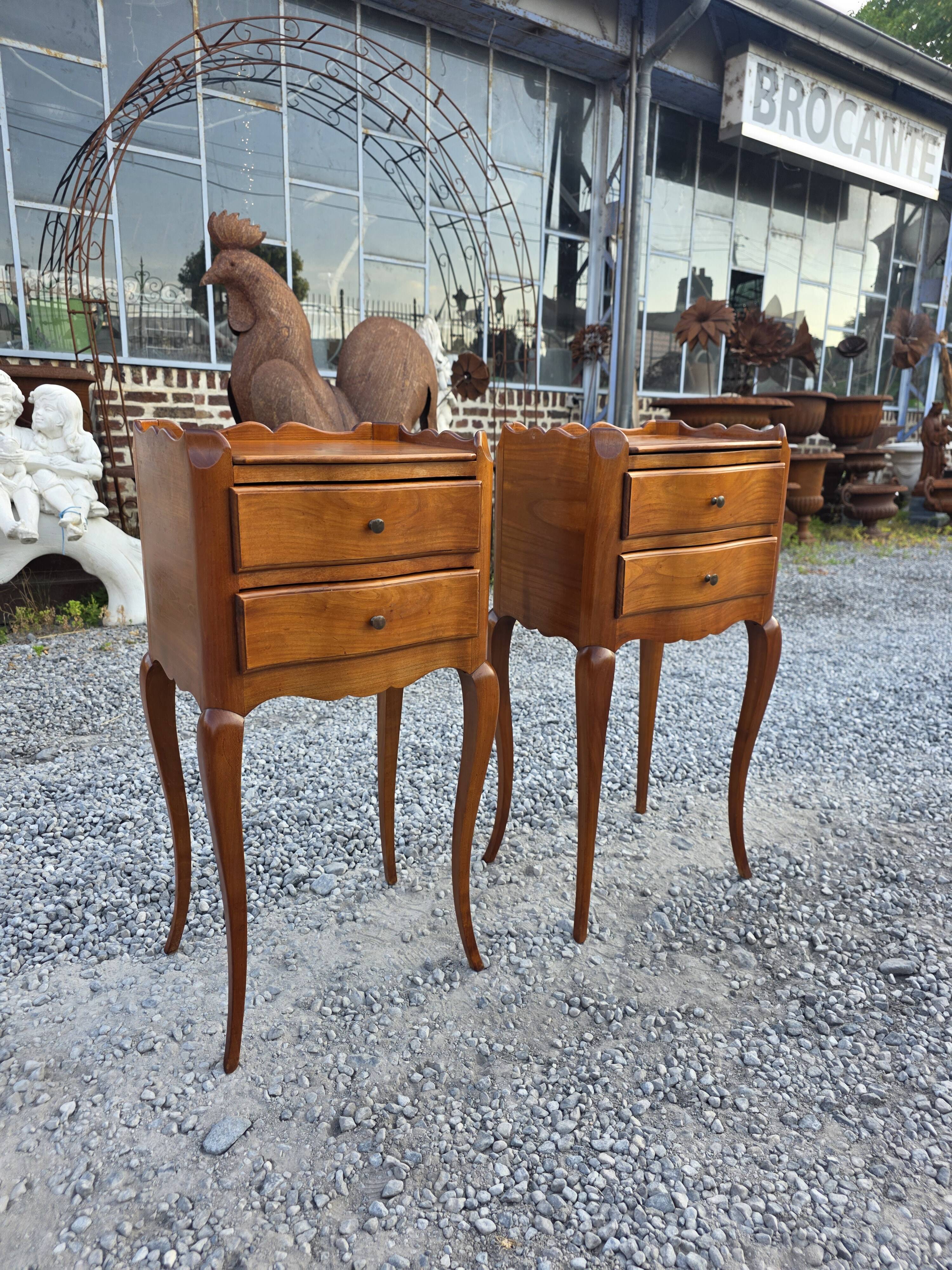 Pair of Louis XV style bedside tables in solid cherry wood.