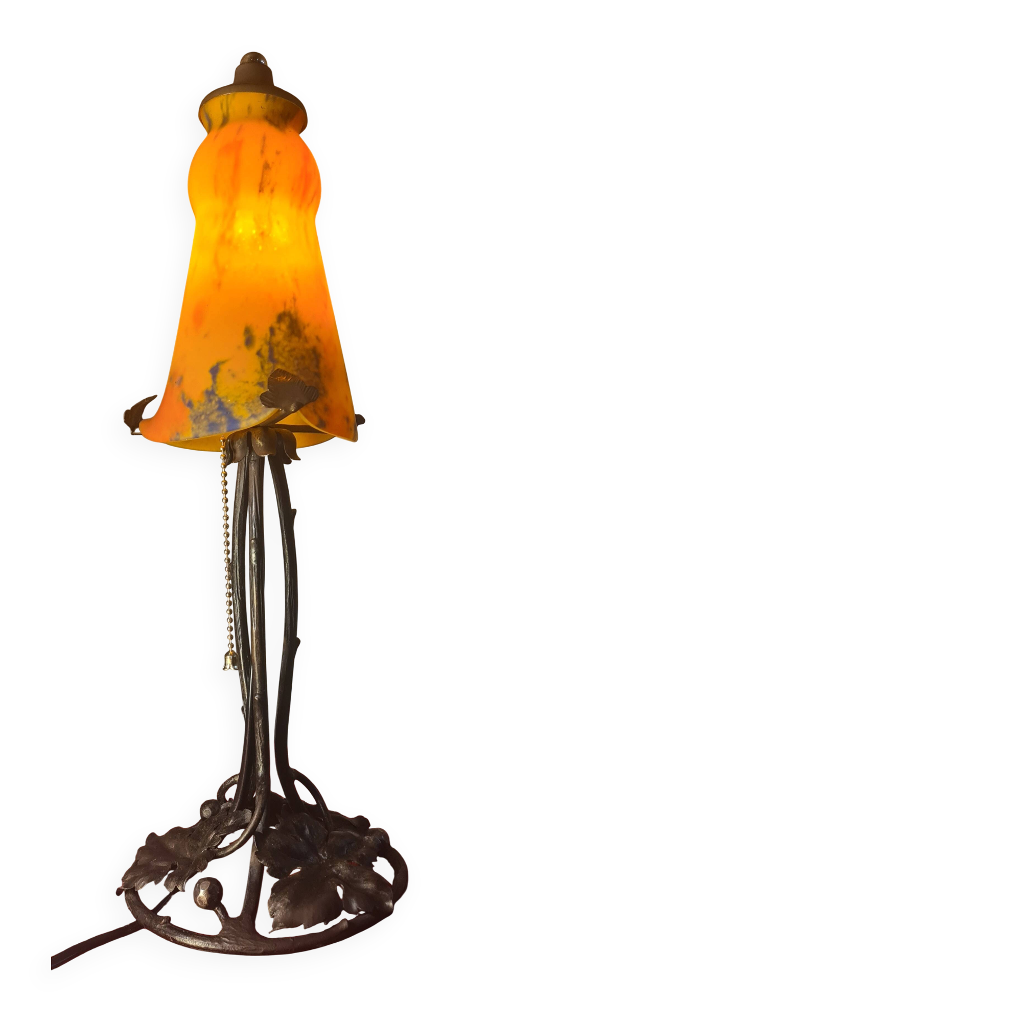 antique wrought iron lamp from 1900 at 40 with a very large glass paste shade 45