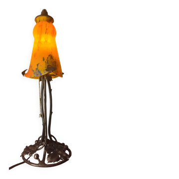 antique wrought iron lamp from 1900 at 40 with a very large glass paste shade 45