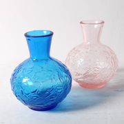 Set of 2 Vintage Small Blue and PinkGlass Vases with Flowers Pattern, Italy