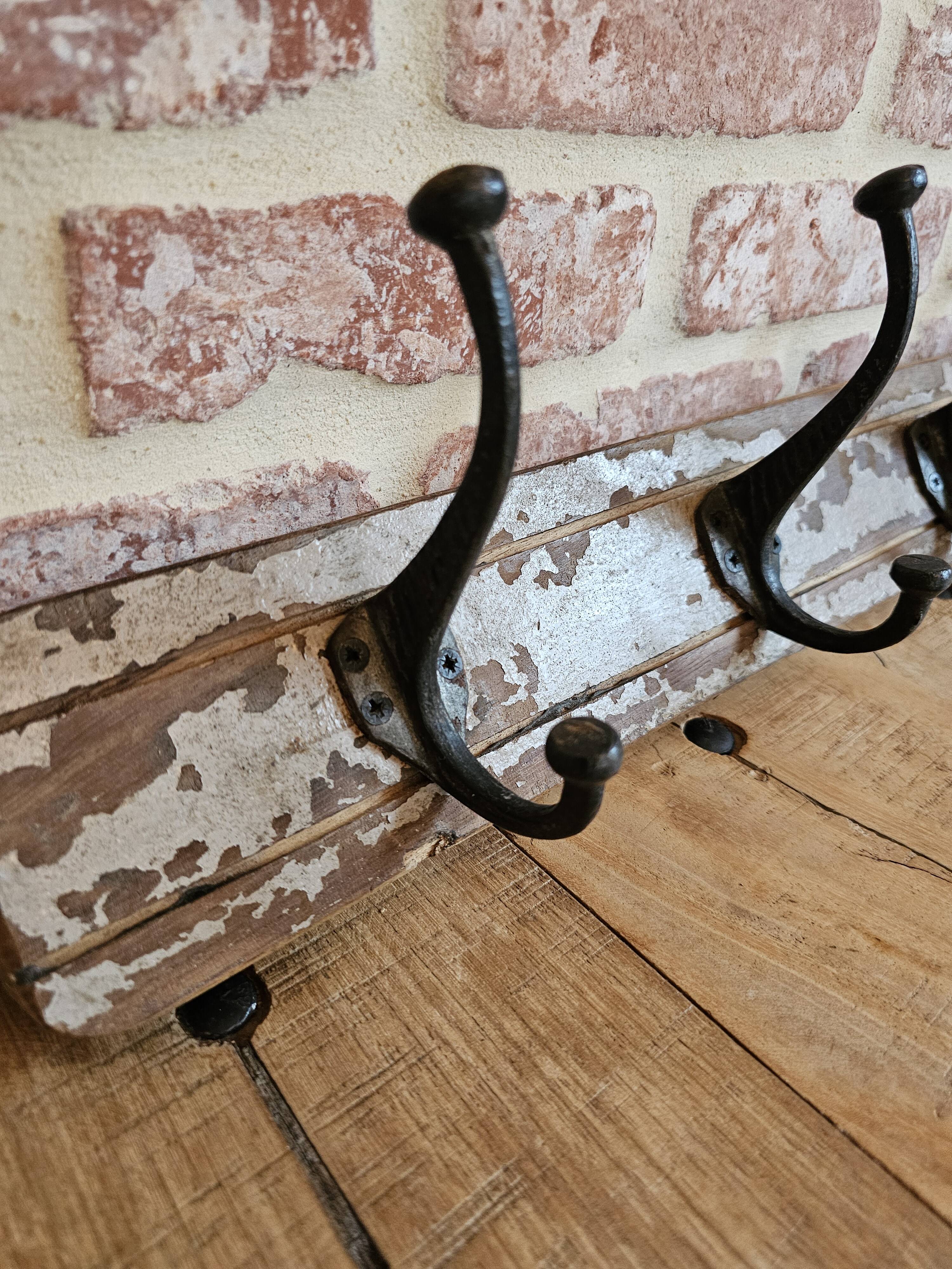 Solid teak coat hook with 4 double cast iron hooks