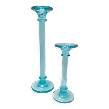 Pair of turquoise blue glass candlesticks